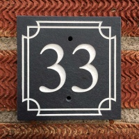 RIVEN Slate House Sign Door Number with CURVE BORDER WHITE